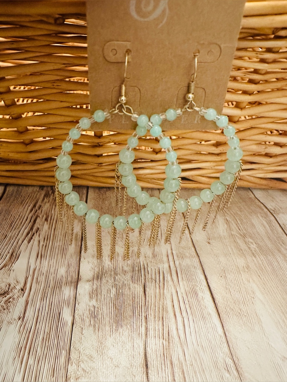 Gold~Tone Fringe Hoop Earrings with Mint Green Beads - Women Jewelry*New